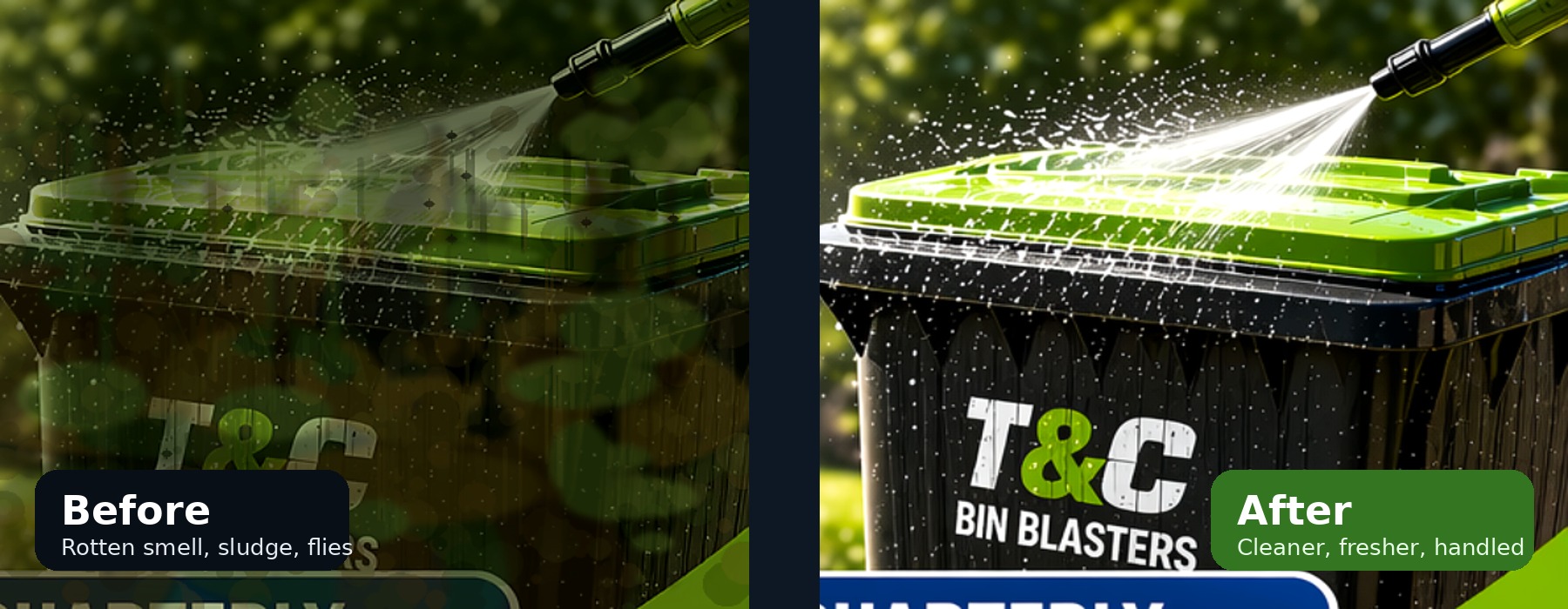 Dirty trash bin before cleaning beside a clean trash bin after service